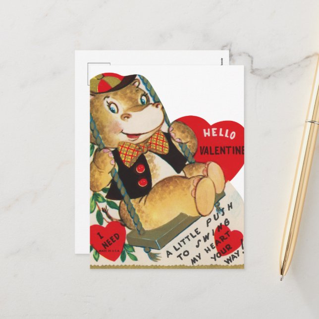 niedliches Retro Vintag Valentine Hippo Feiertagspostkarte (Vorderseite/Rückseite Beispiel)