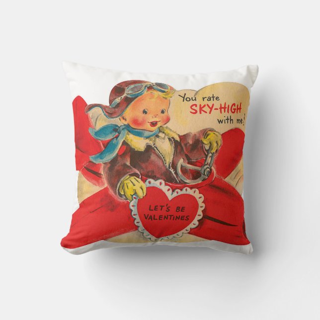 Niedliches Retro-Vintages Flugzeugkind Valentine Kissen (Vorderseite)