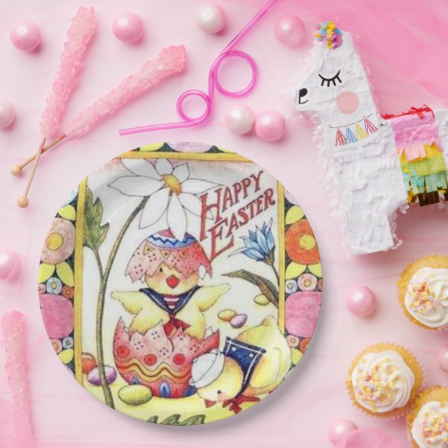 niedliches Retro-Vintages Osterküken-Party Pappteller (Party)
