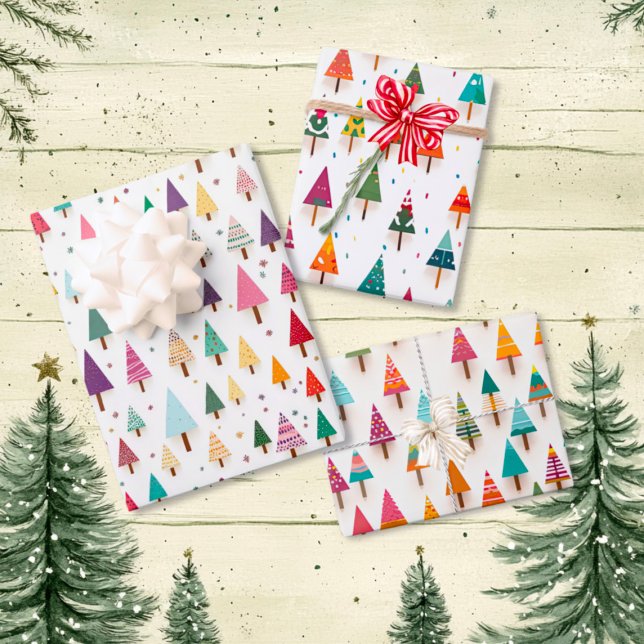 Niedliches Retro-Weihnachtsbaumumschlagpapier Geschenkpapier Set (Cute Retro Christmas Trees Wrapping Paper Set of 3 sheets)