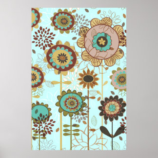 Niedliches Retroblau, braunes Blumenmuster Poster