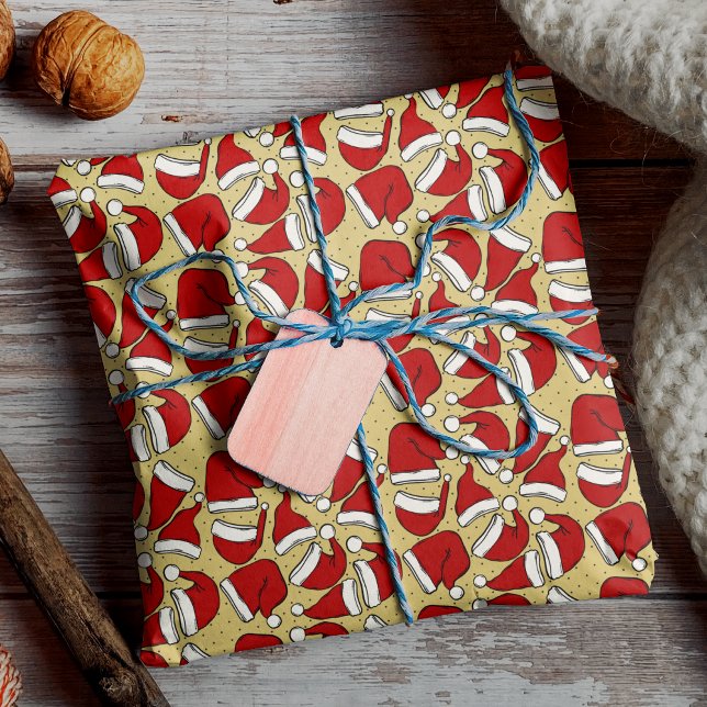 Niedliches Retrogelbes Vintages Weihnachtsmannmütz Geschenkpapier (Von Creator hochgeladen)