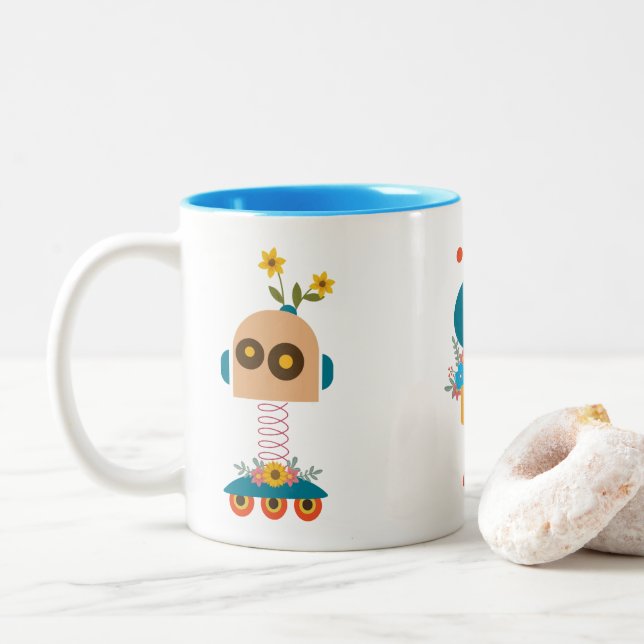 Niedliches Roboterdesign Zweifarbige Tasse (Mit Donut)