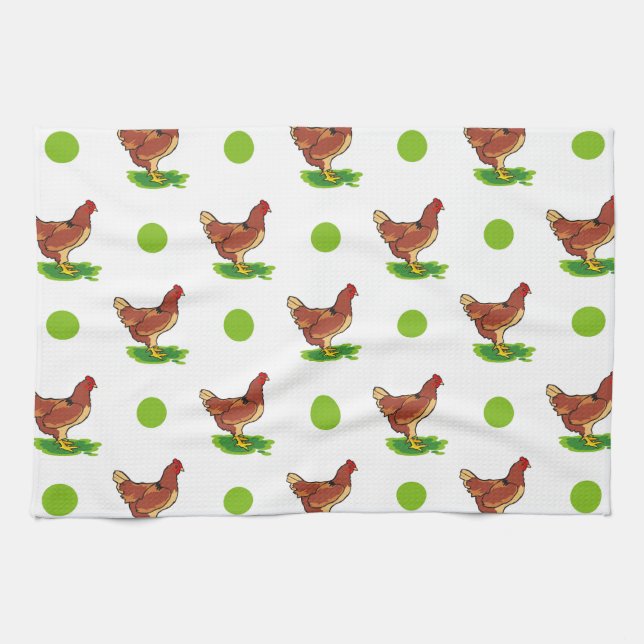 Niedliches Rooster, Hühnchen, grüne Polka-Punkte Küchentuch (Horizontal)