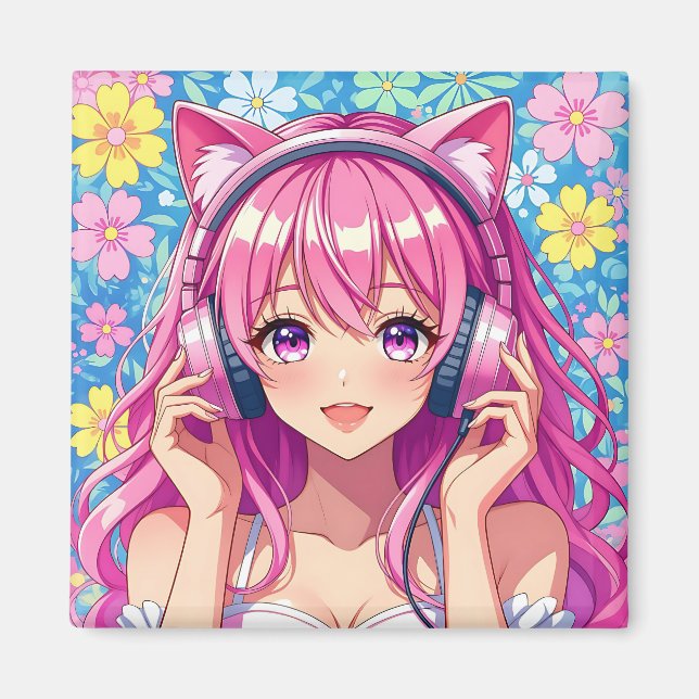 Niedliches rosa Anime-Girl mit Kopfhörern Magnet (Vorne)