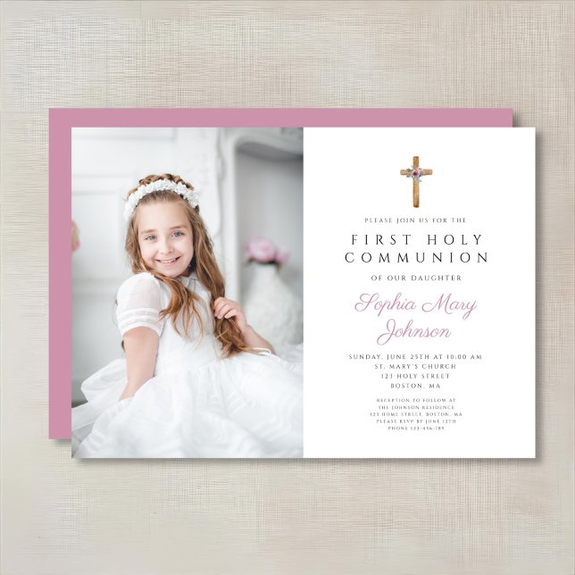 Niedliches Rosa Blumenkreuz Foto Girl First Commun Einladung (Cute Pink Floral Cross Photo Girl First Communion Invitation)