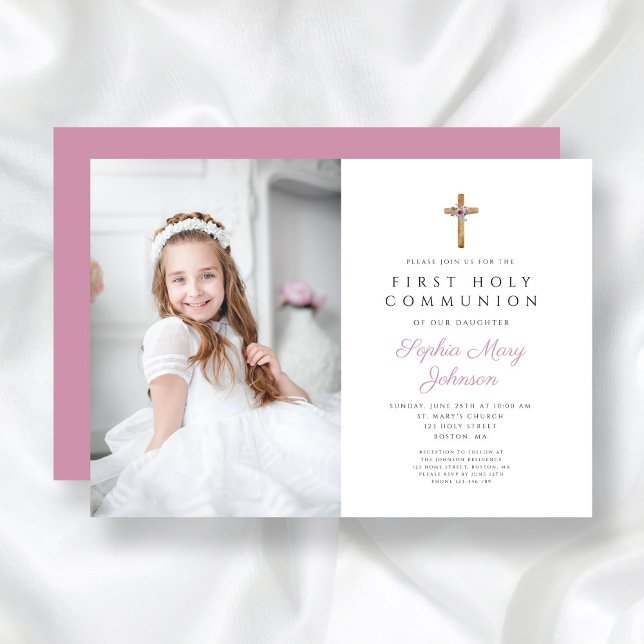 Niedliches Rosa Blumenkreuz Foto Girl First Commun Einladung (Cute Pink Floral Cross Photo Girl First Communion Invitation)