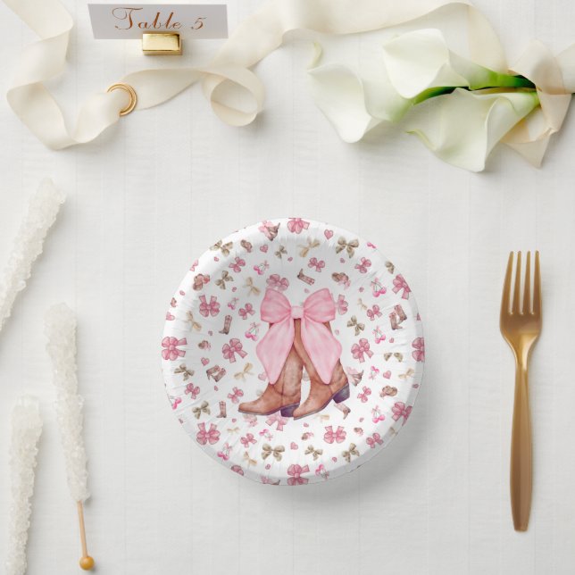 Niedliches rosa Coquette Cowgirl Stiefel und Bow P Pappteller (Hochzeit)