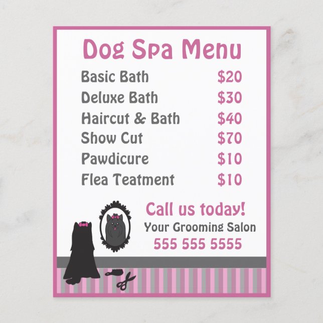 Niedliches Rosa Dog Grooming Wellness-Center Menu Flyer (Vorne)