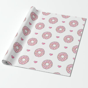 Niedliches rosa Donut- und Herzmuster Geschenkpapier