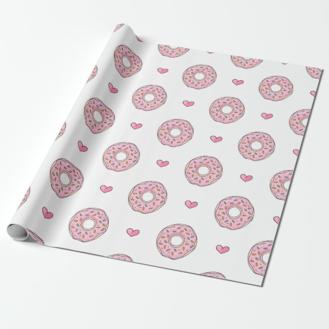 Niedliches rosa Donut- und Herzmuster Geschenkpapier (Ungerollt)