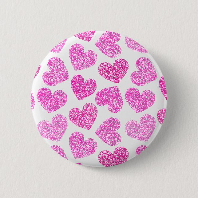 Niedliches rosa doodled Herz Valentinstag Muster Button (Vorderseite)