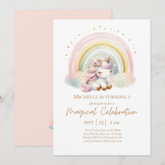Niedliches Rosa Einhorn mit Regenbogen Geburtstag Einladung