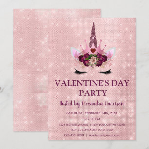 Niedliches Rosa Einhorn Valentinstag Party Einladung