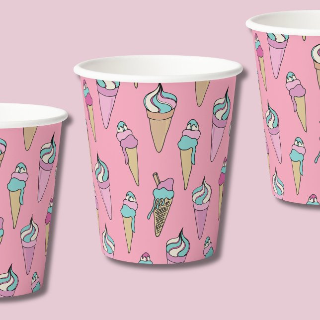 Niedliches rosa Eiscreme-Kon-Party Pappbecher (Pink ice cream cone pattern girls birthday paper cups)