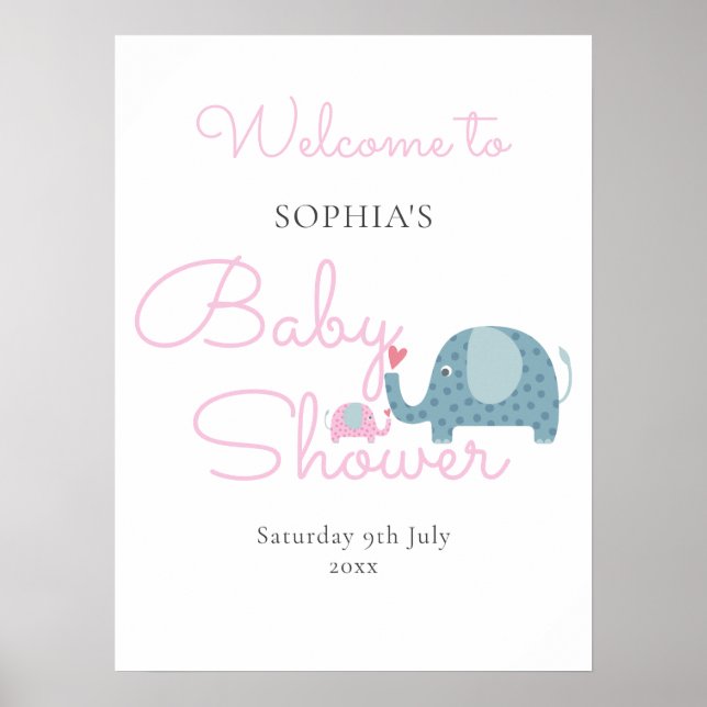 Niedliches rosa Elephant Baby Girl Dusche Begrüßun Poster (Vorne)