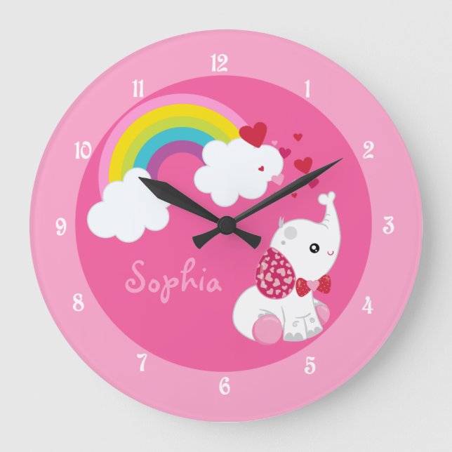 Niedliches rosa Elephant-Kinderzimmer Große Wanduhr (Vorderseite)