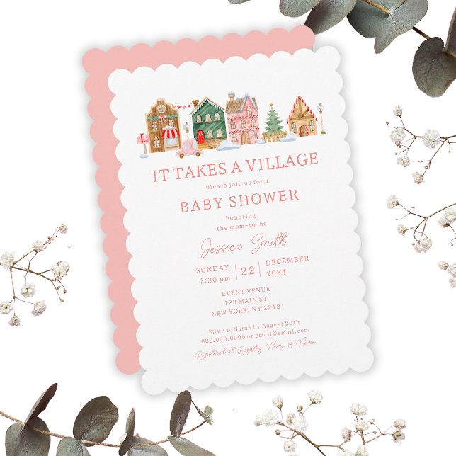 Niedliches Rosa Es nimmt ein Dorf Weihnachtsdusche Einladung (Cute Pink It Takes A Village Christmas Baby Shower Invitation
)