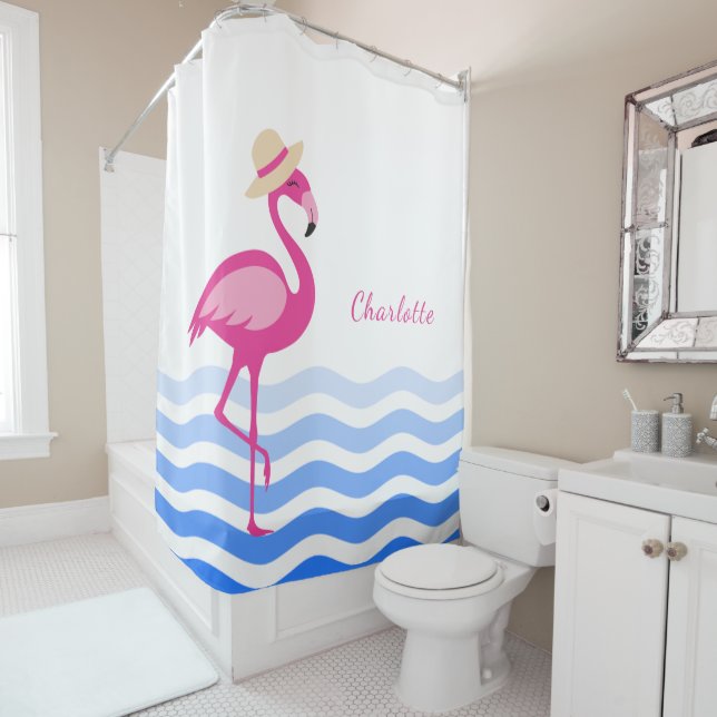 Niedliches Rosa Flamingo Seewellen Monogramm Duschvorhang (Beispiel)