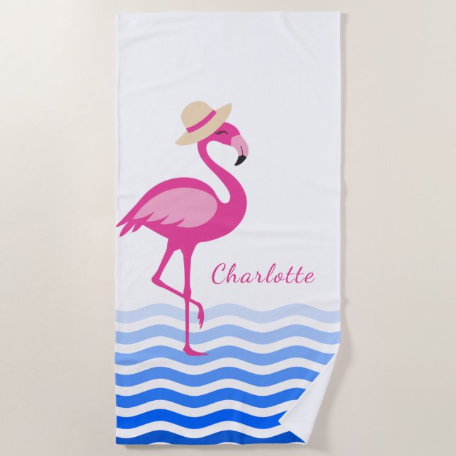 Niedliches Rosa Flamingo Seewellen Monogramm Strandtuch (Vorderseite)