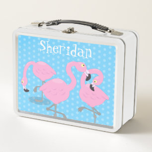 Niedliches rosa Flamingo-Trio blaue Cartoon-Illust Metall Brotdose