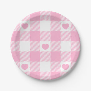 Niedliches Rosa Gingham Vichy mit Herz Pappteller