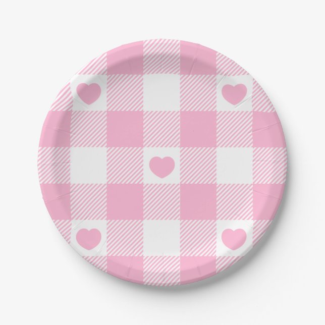Niedliches Rosa Gingham Vichy mit Herz Pappteller (Vorderseite)