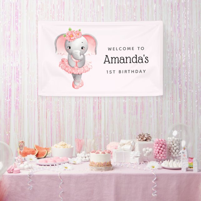 Niedliches Rosa & Grau Elephant Ballerina Party Wi Banner (Party)