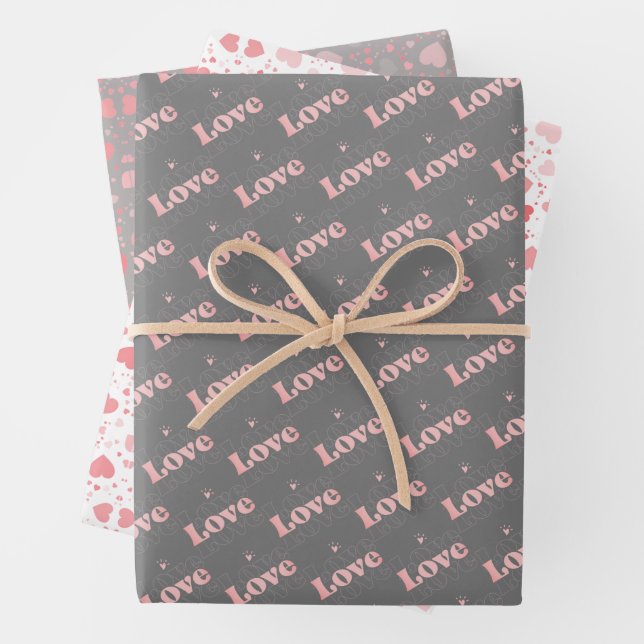 Niedliches Rosa/Graues Valentin "Liebe" & Herzmust Geschenkpapier Set (Beispiel)