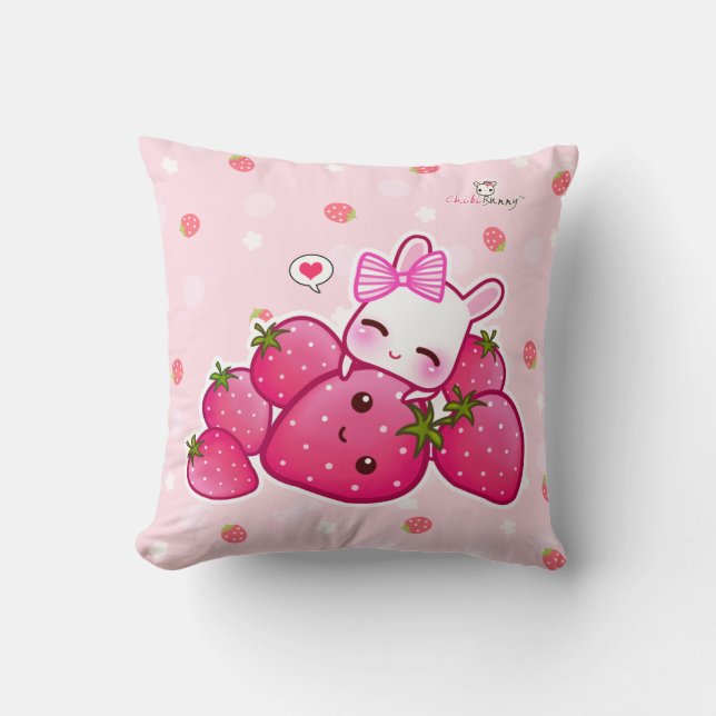 Niedliches rosa Häschen mit kawaii Erdbeeren Kissen (Vorderseite)