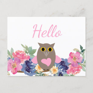 Niedliches Rosa Herz Owl Floral Wasserfarbe Hallo Postkarte