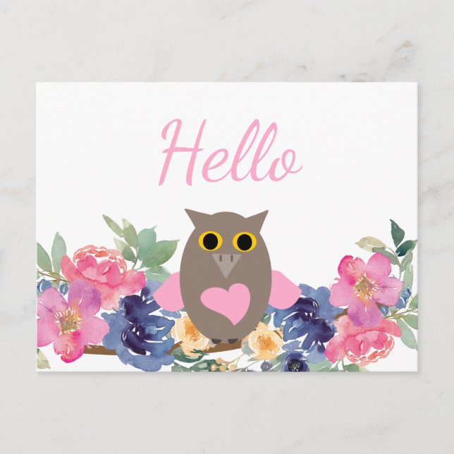 Niedliches Rosa Herz Owl Floral Wasserfarbe Hallo Postkarte (Vorderseite)