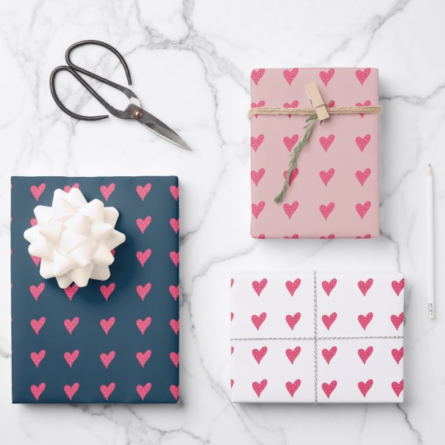 Niedliches rosa Herzmuster Handgezeichnet Geschenkpapier Set (Vorderseite)
