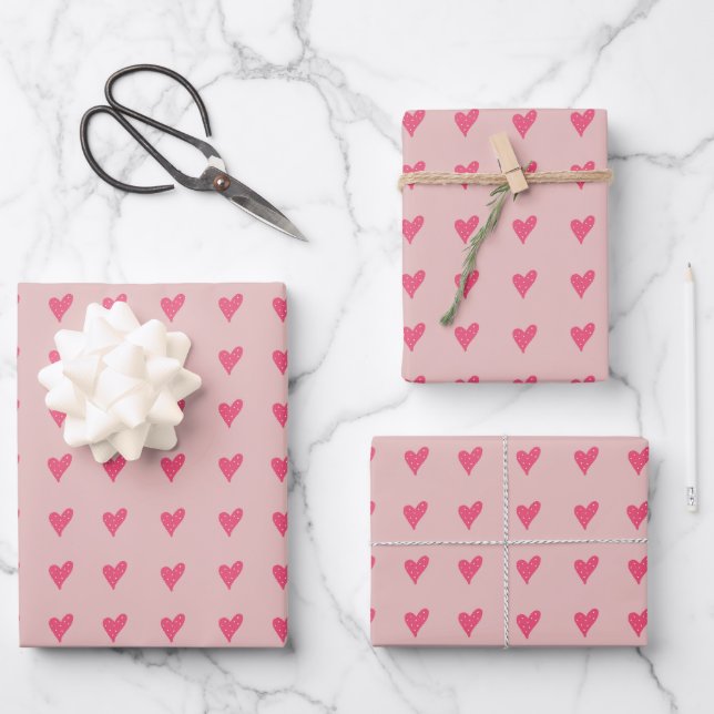 Niedliches rosa Herzmuster Handgezeichnet Geschenkpapier Set (Vorderseite)