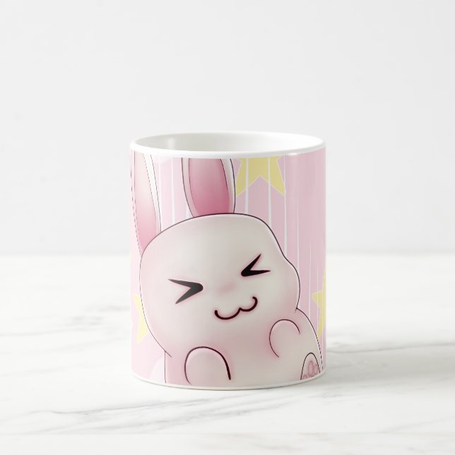 Niedliches rosa Kawaii Häschenkaninchen, das von Kaffeetasse (Mittel)