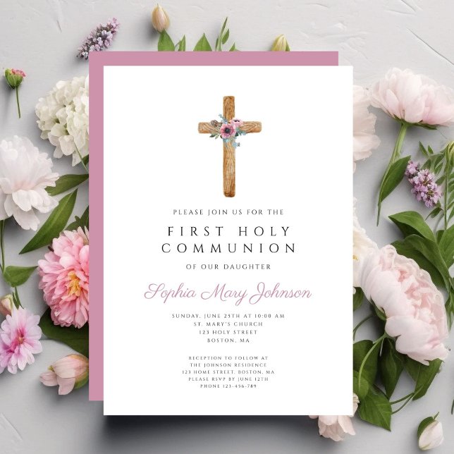 Niedliches Rosa-Kreuz Erste Kommune Einladung (Cute Floral Pink Cross First Communion Invitation)
