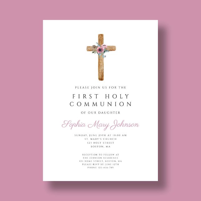 Niedliches Rosa-Kreuz Erste Kommune Einladung (Cute Floral Pink Cross First Communion Invitation)