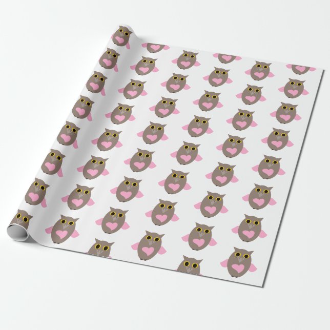 Niedliches Rosa Owl Herz Geschenkpapier (Ungerollt)