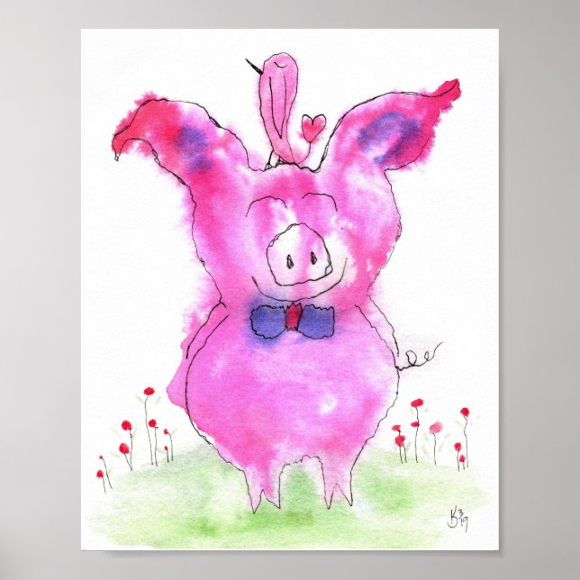 Niedliches rosa Pig und Vogelposter 8x10" Poster (Vorne)