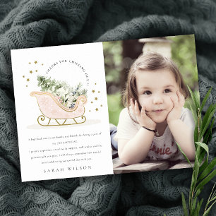 Niedliches Rosa Rosa Goldener Winter Schlitten Fot Dankeskarte