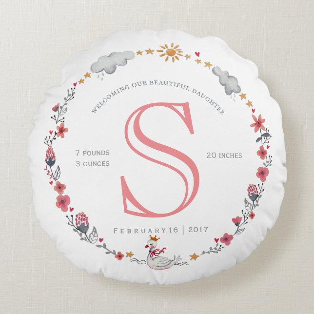 Niedliches rosa Schwanengeburtsstatistiken Kinderz Rundes Kissen (Vorderseite)