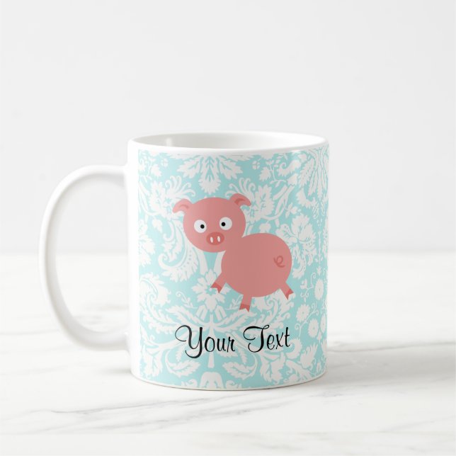 Niedliches rosa Schwein; Aquamariner Damast Tasse (Links)