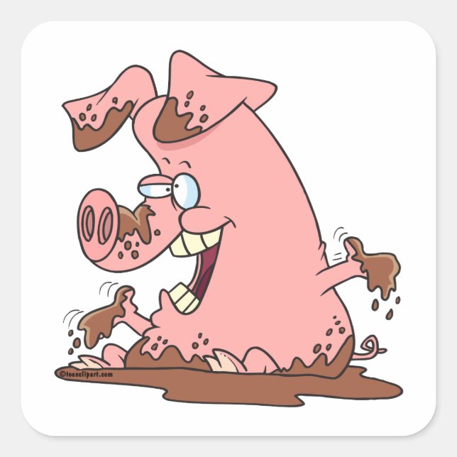 niedliches Rosa Schwein im Schlamm Cartoon Quadratischer Aufkleber (Vorderseite)