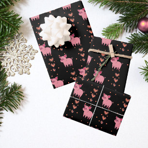 Niedliches rosa Schwein und Herz Geschenkpapier Set