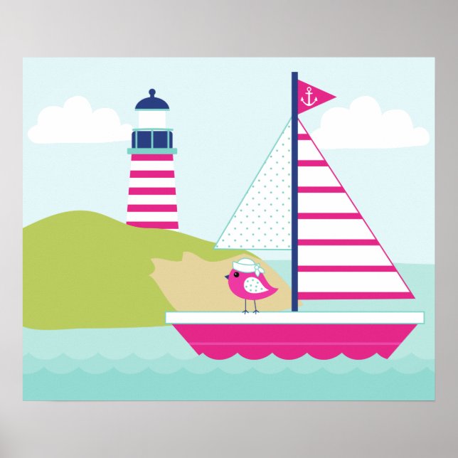 Niedliches rosa Segelboot und Leuchtturm Poster (Vorne)