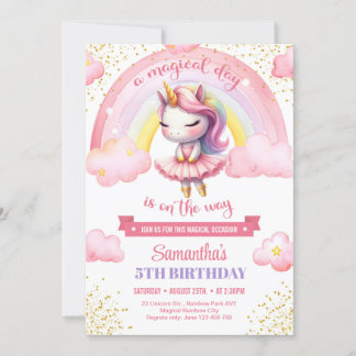 Niedliches Rosa und Gold Einhorn Ballerina Geburts Einladung