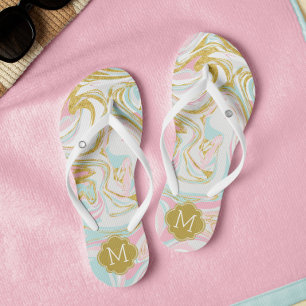 Niedliches Rosa und Gold Suminagashi Mit Monogramm Flip Flops