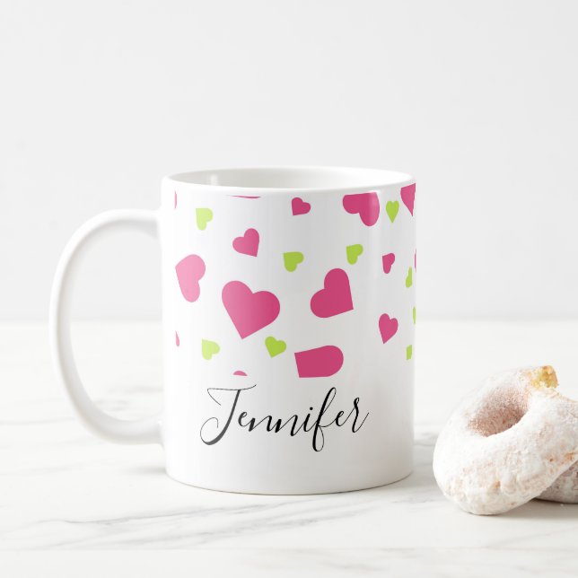 Niedliches rosa und grünes Herz-Muster Kaffeetasse (Mit Donut)
