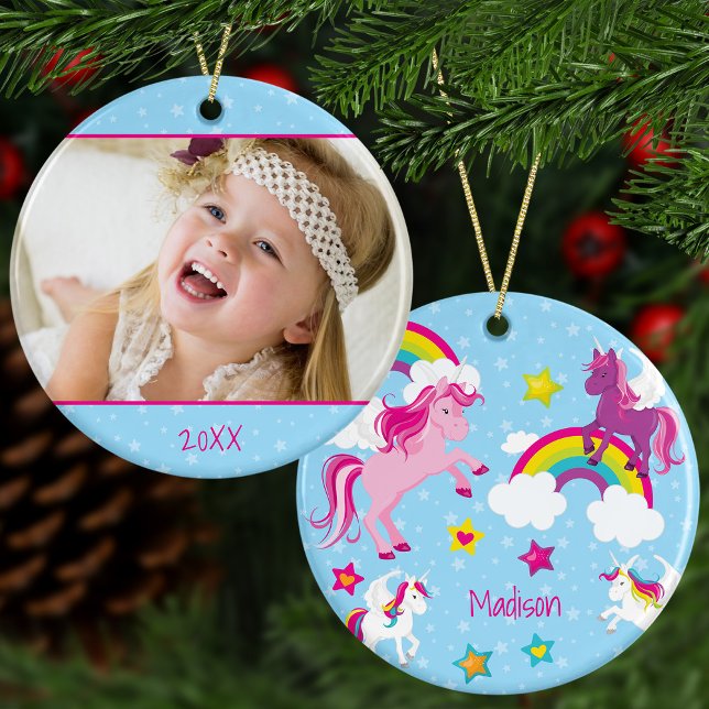 Niedliches Rosa und Lila Einhorn Weihnachten Foto Keramik Ornament (Von Creator hochgeladen)
