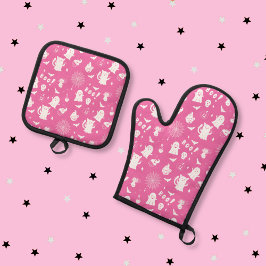 Niedliches Rosa und Weiß Halloween Ofenhandschuh & Topflappen-Set